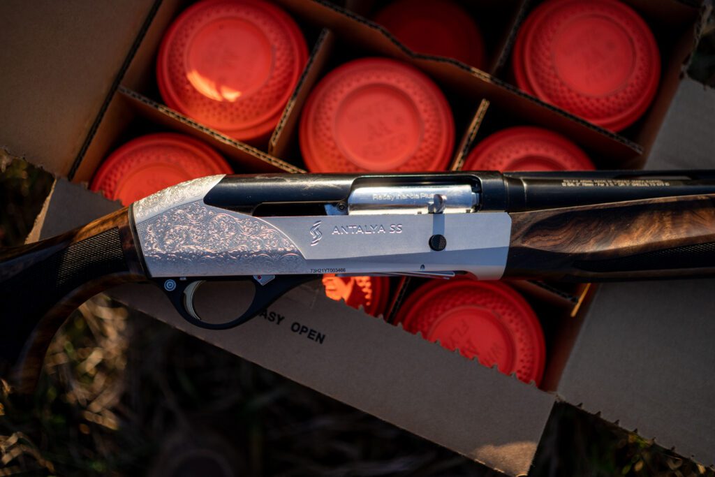 Best in class sporting clays shotgun, Retay Antalya on a box of clay pigeons. 
